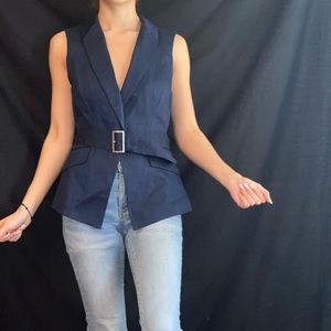 White House Black Market Navy Blue Belted Vest